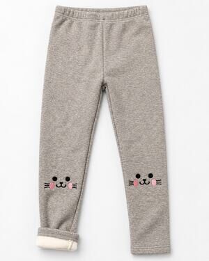 6x Gray fleece lined kids leggings with embroidered cat
